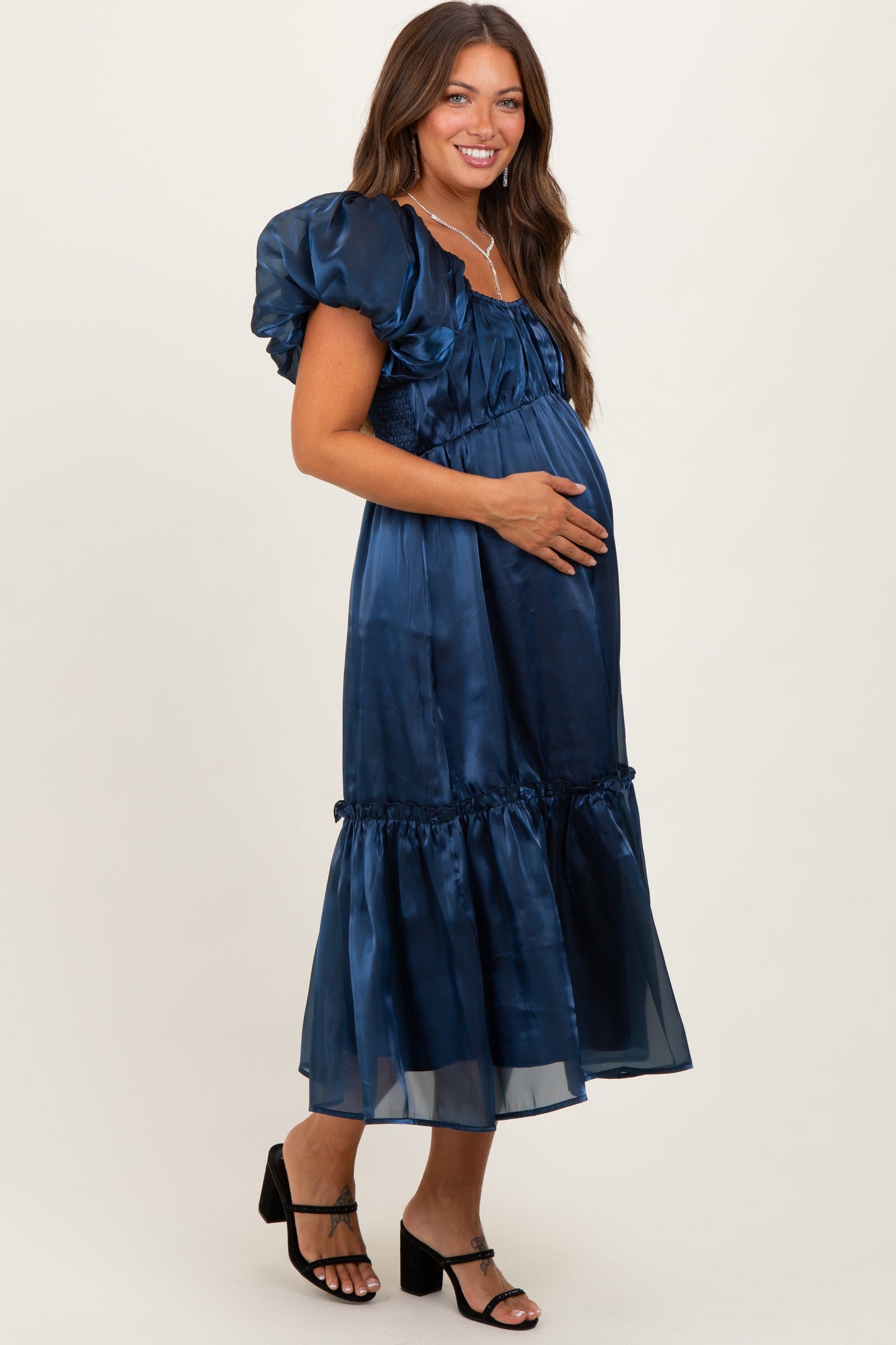Navy Organza Puff Sleeve Maternity Midi Dress