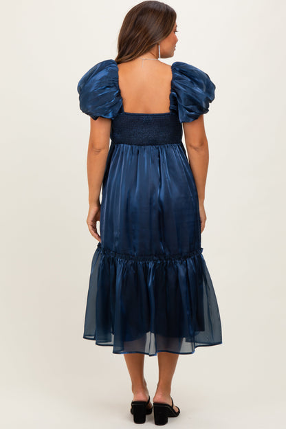 Navy Organza Puff Sleeve Maternity Midi Dress