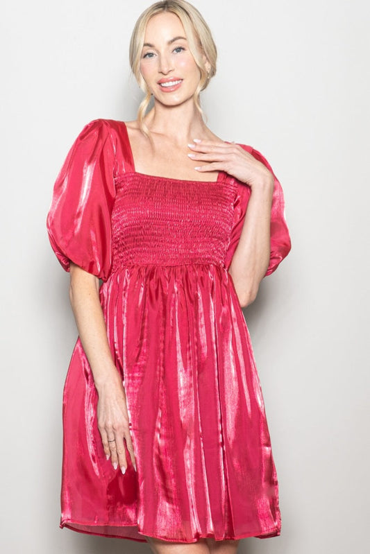 Red Organza Smocked Puff Sleeve Mini Dress