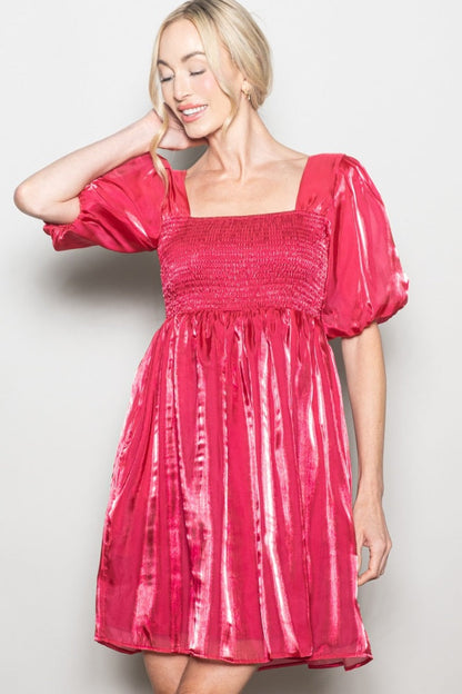 Red Organza Smocked Puff Sleeve Mini Dress
