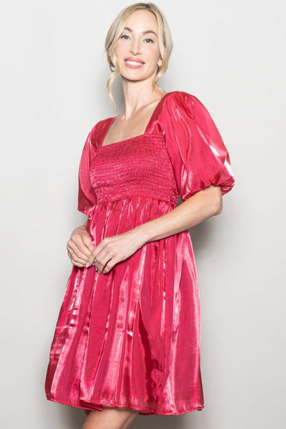 Red Organza Smocked Puff Sleeve Mini Dress