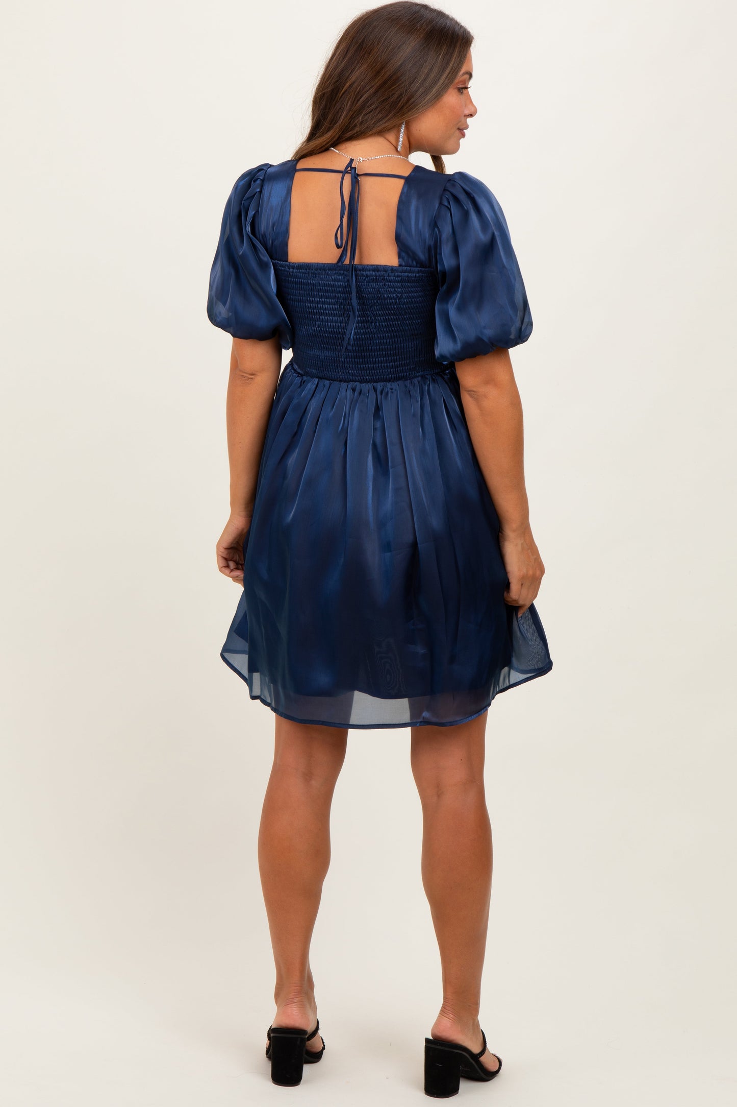 Navy Organza Smocked Puff Sleeve Maternity Mini Dress