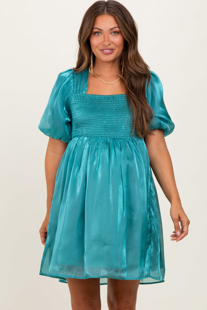 Light Teal Organza Smocked Puff Sleeve Maternity Mini Dress