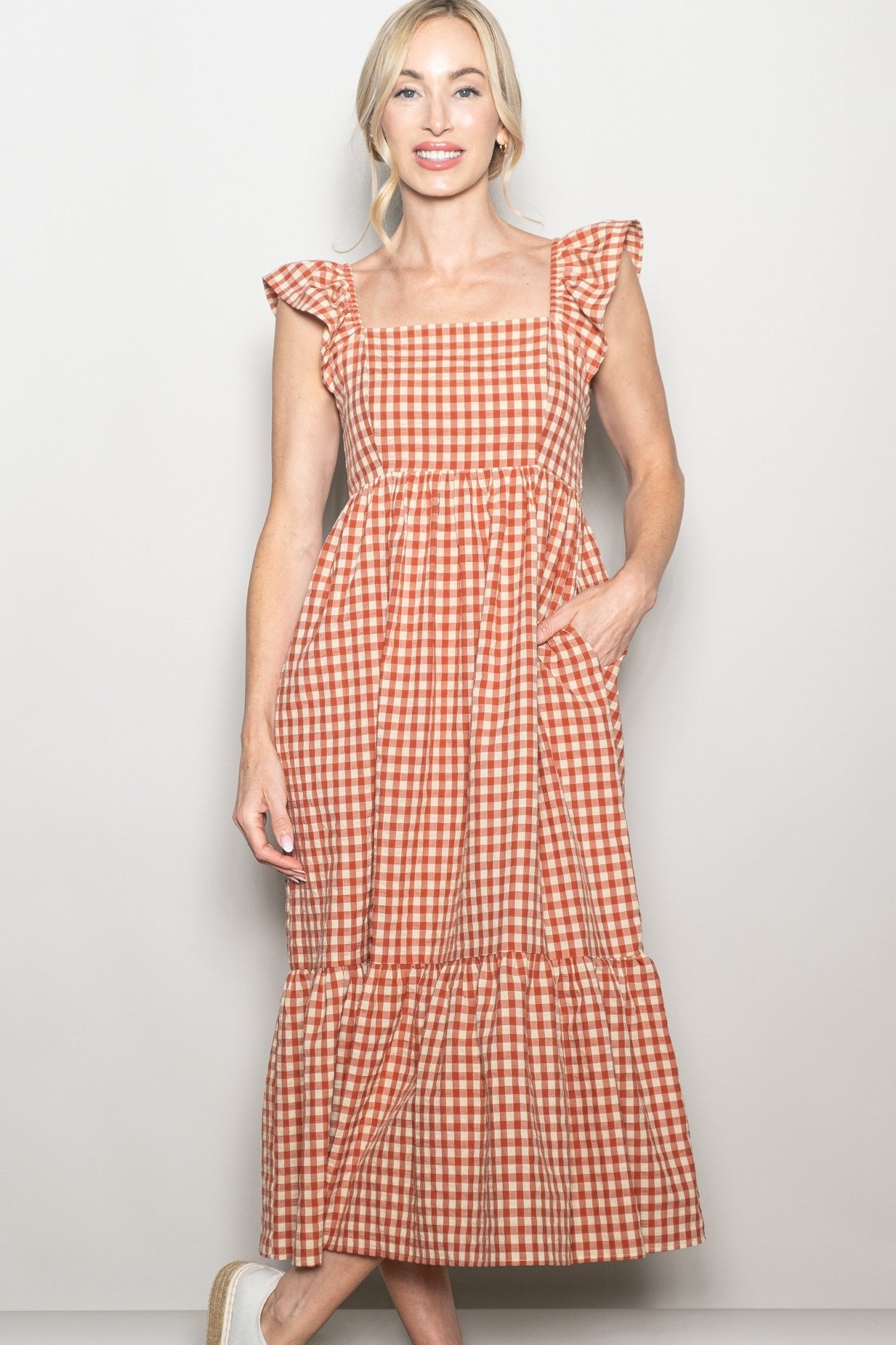 Rust Gingham Ruffle Strap Midi Dress