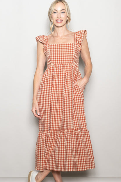 Rust Gingham Ruffle Strap Midi Dress