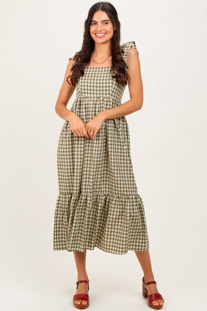 Olive Gingham Ruffle Strap Midi Dress
