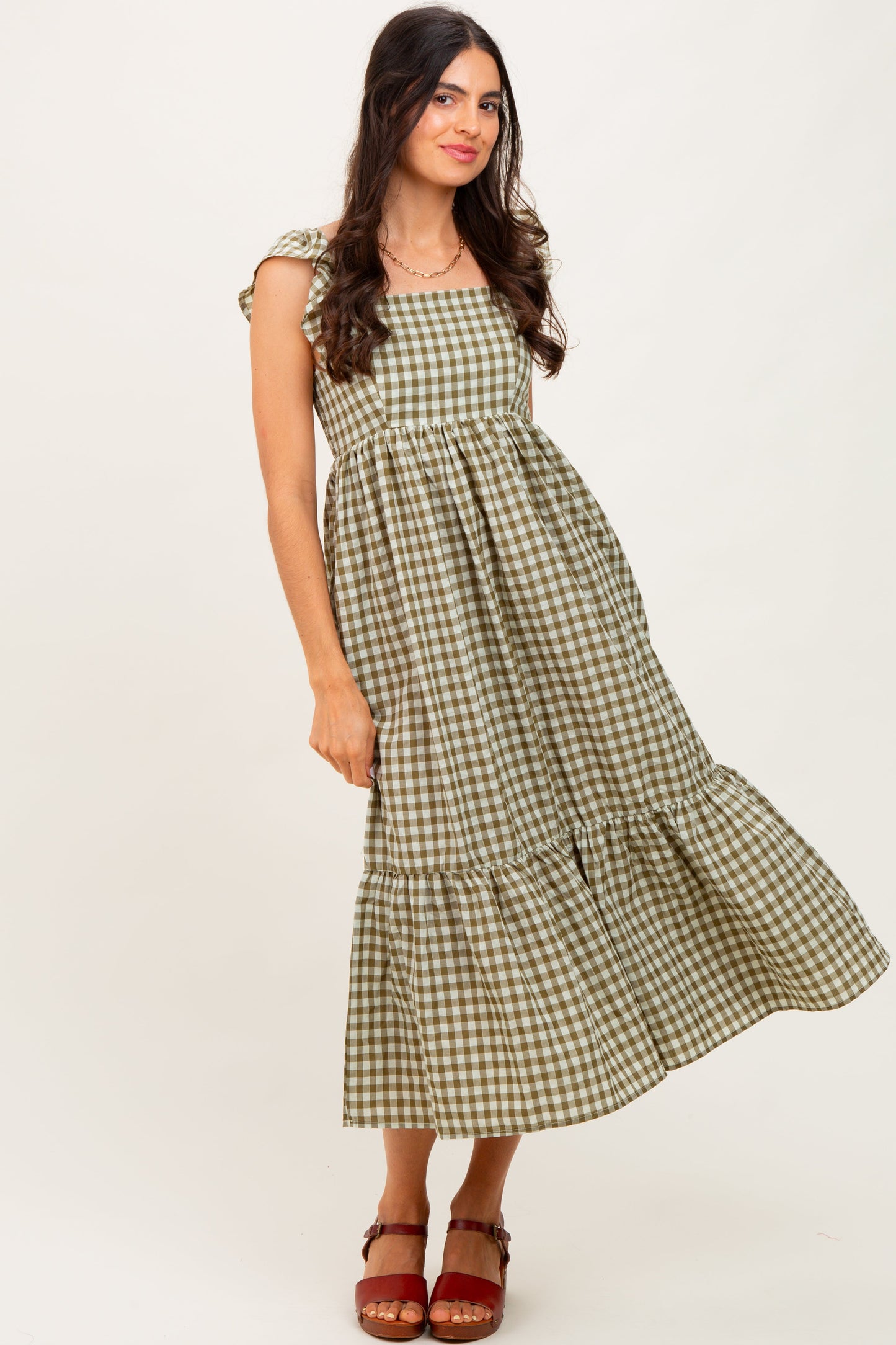 Olive Gingham Ruffle Strap Midi Dress