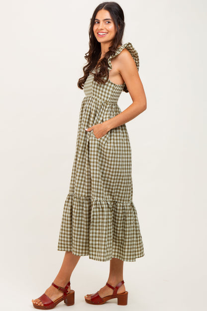 Olive Gingham Ruffle Strap Midi Dress