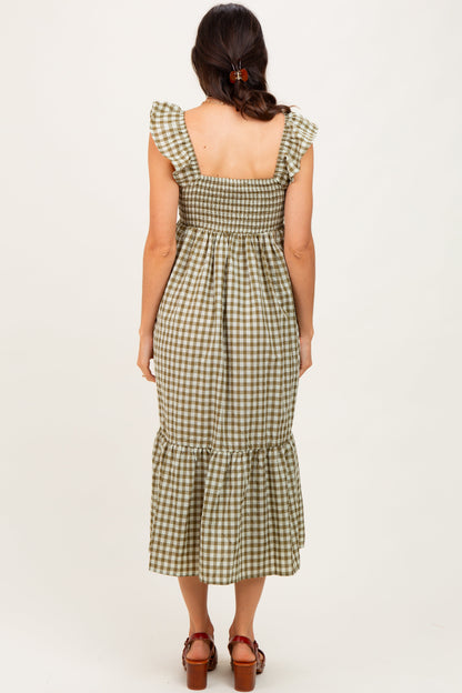 Olive Gingham Ruffle Strap Midi Dress