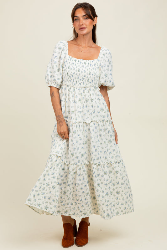 Blue Floral Smocked Ruffle Tiered Maxi Dress