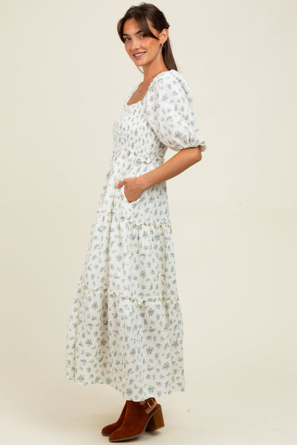 Blue Floral Smocked Ruffle Tiered Maxi Dress