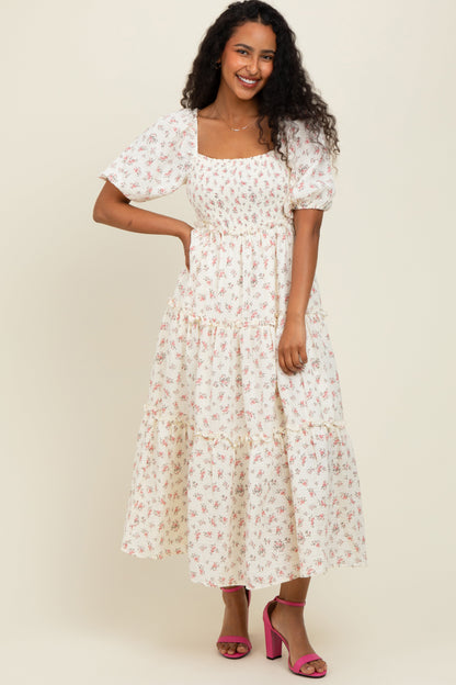 Pink Floral Smocked Ruffle Tiered Maxi Dress