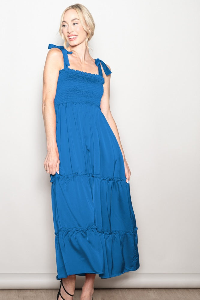 Blue Satin Smocked Maternity Maxi Dress