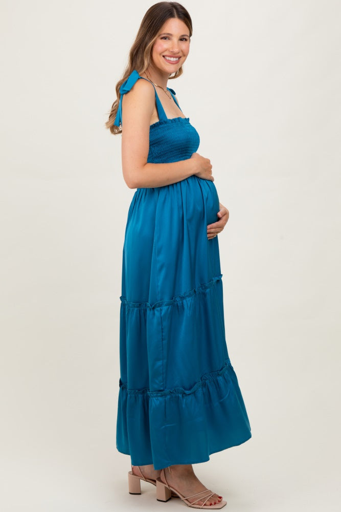 Blue Satin Smocked Maternity Maxi Dress