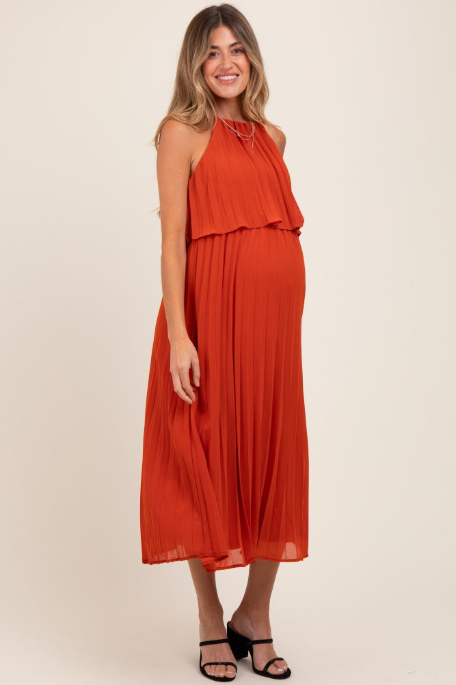 Rust Pleated Woven Maternity Midi Dress