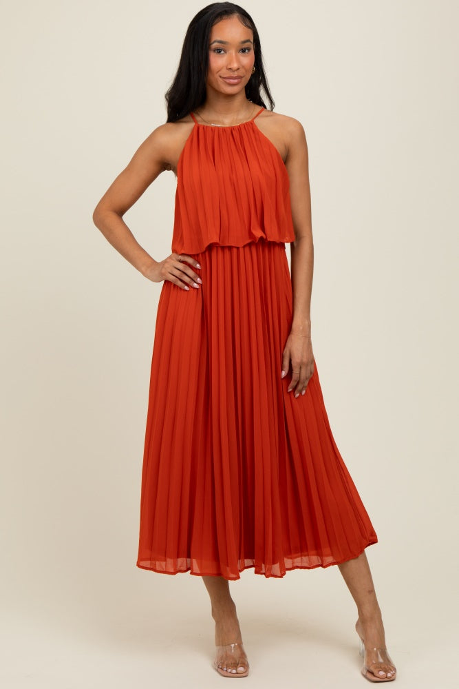 Rust Pleated Woven Maternity Midi Dress