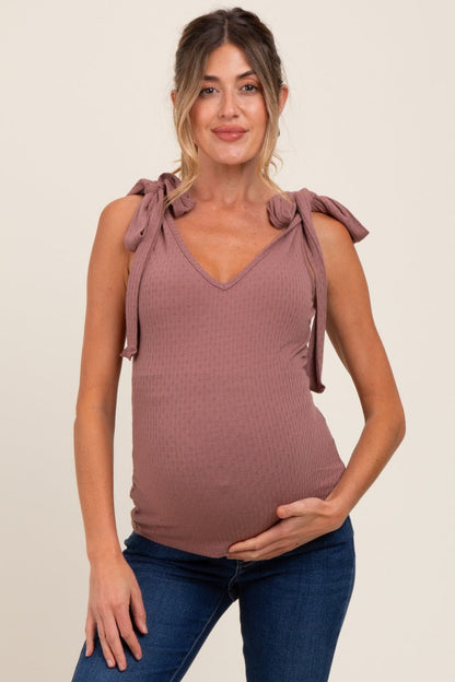 Mauve Solid Ribbed Sleeveless Tie V-Neck Maternity Top