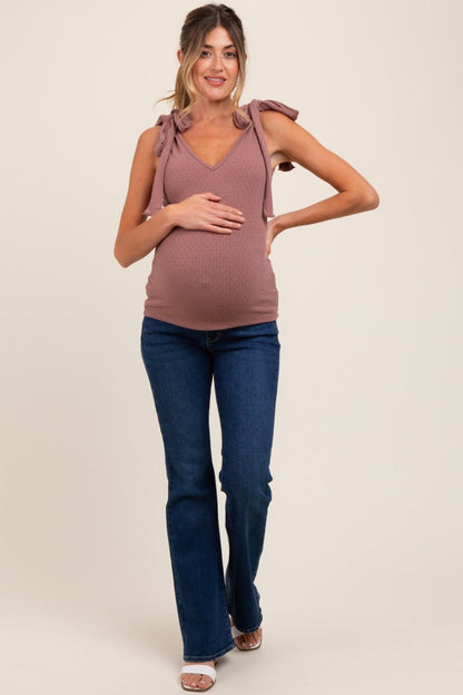 Mauve Solid Ribbed Sleeveless Tie V-Neck Maternity Top