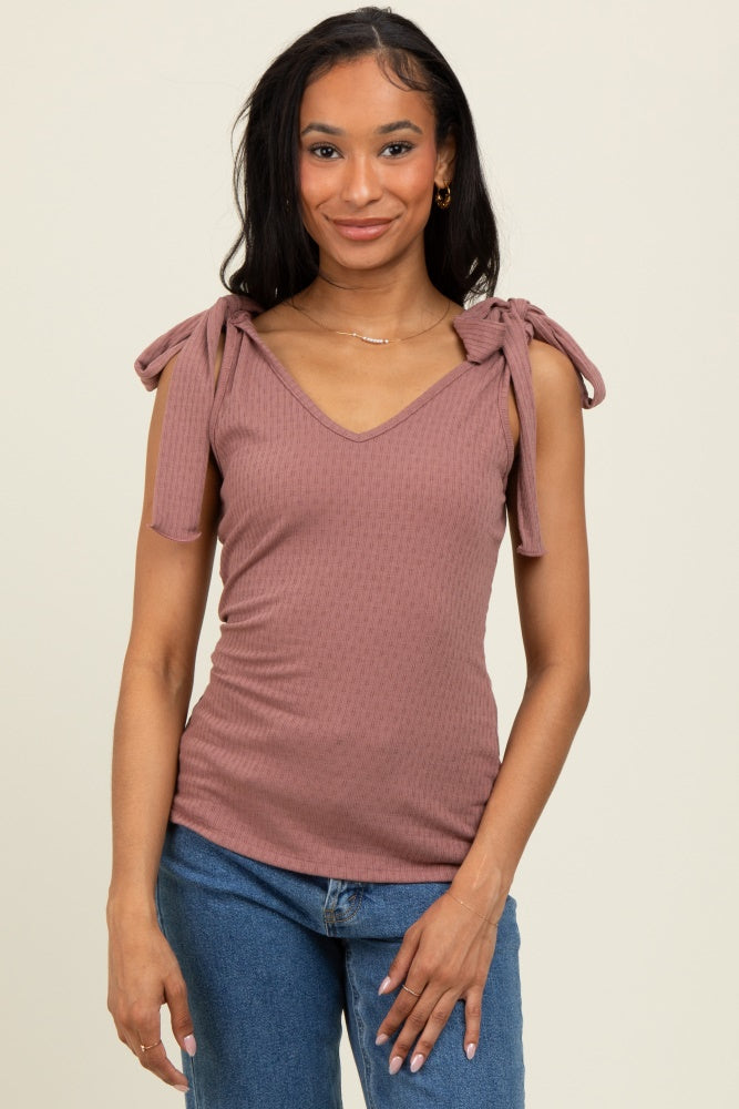 Mauve Solid Ribbed Sleeveless Tie V-Neck Maternity Top