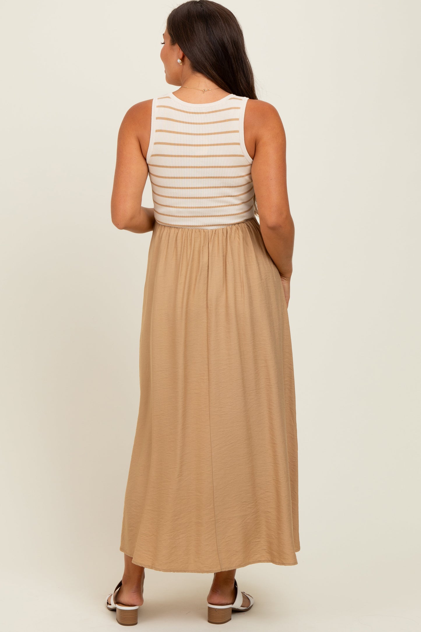 Camel Contrast Striped Knit Sleeveless Maternity Midi Dress