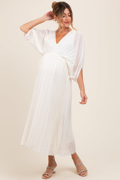 Cream Pleated V Neck Maternity Maxi Dress