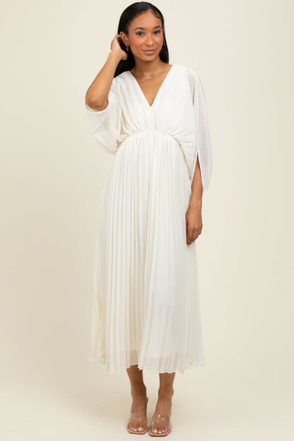 Cream Pleated V Neck Maxi Dress