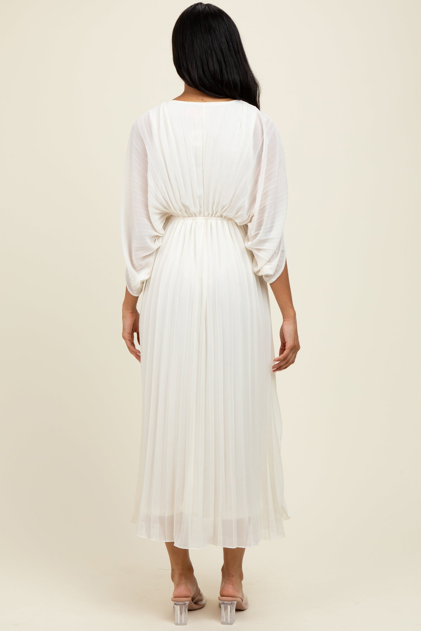 Cream Pleated V Neck Maxi Dress