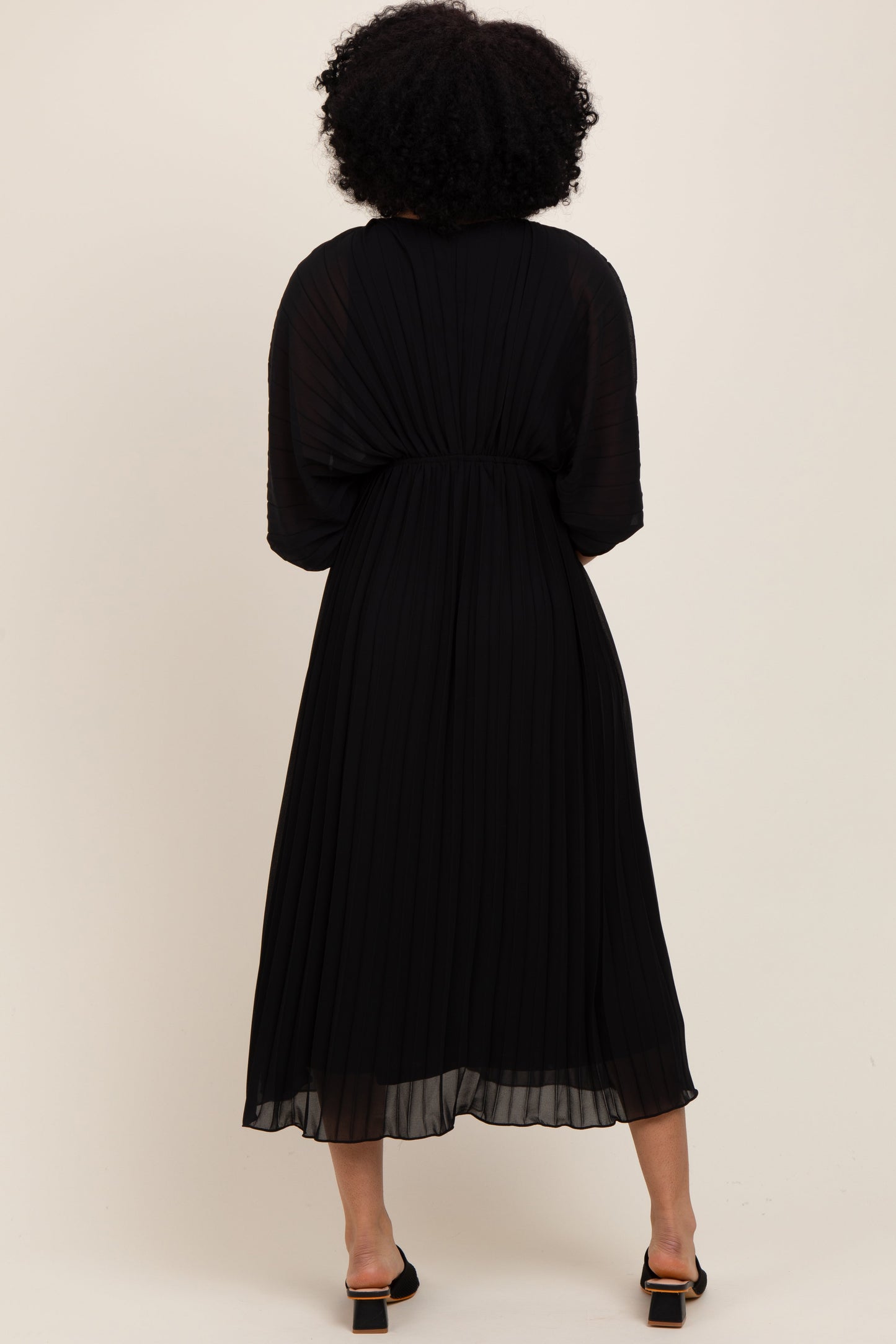 Black Pleated V Neck Maxi Dress