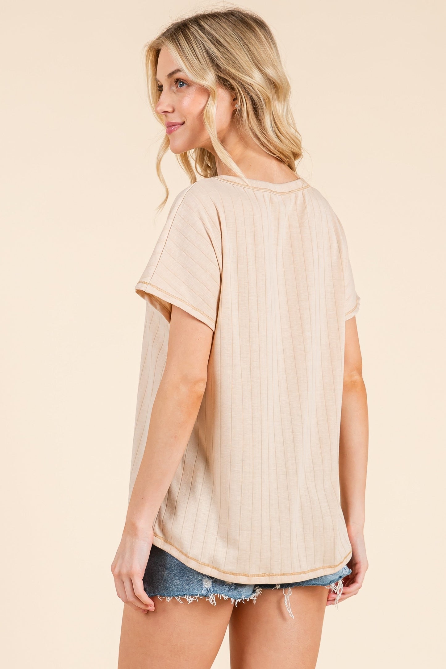 Beige Ribbed Relaxed Tee