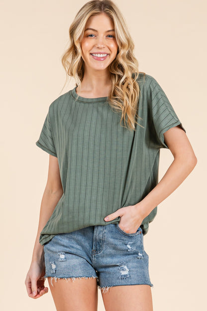 Olive Ribbed Relaxed Tee