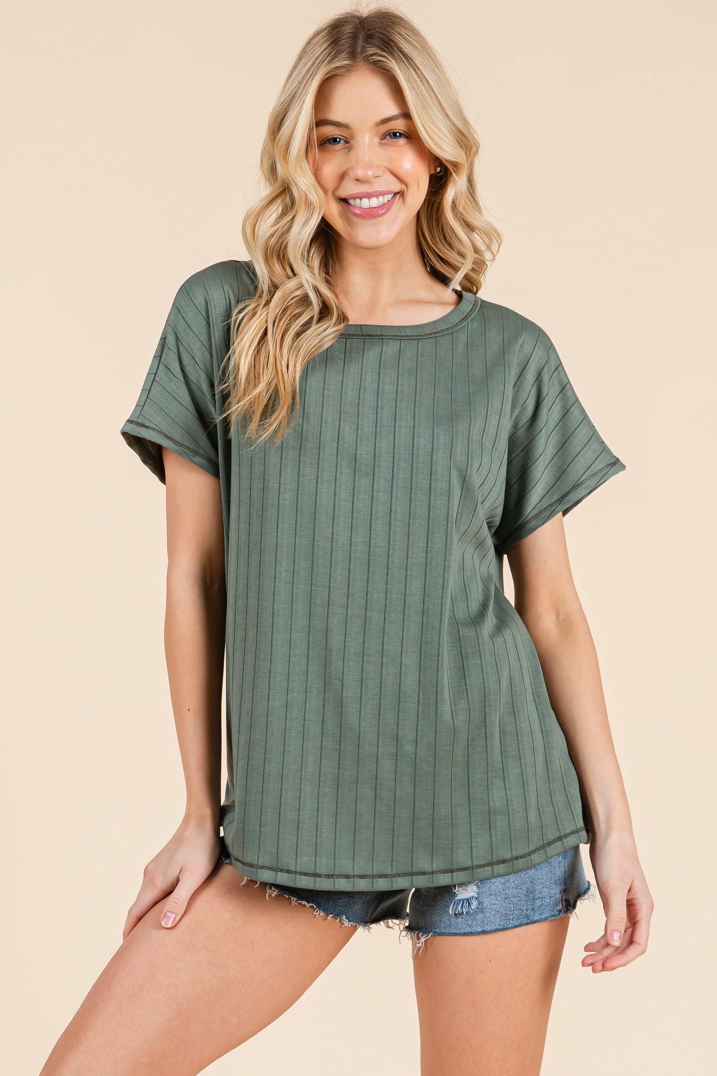 Olive Ribbed Relaxed Tee