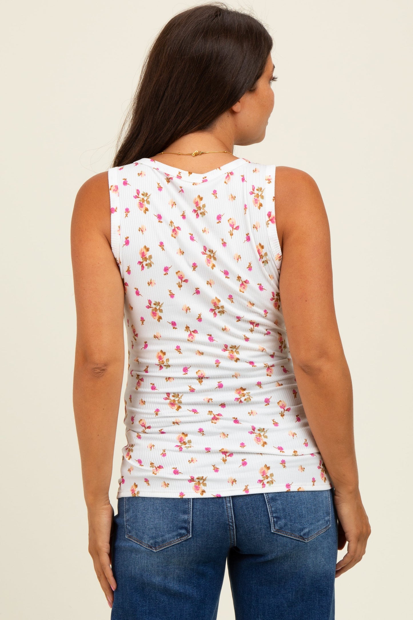 Pink Floral Ribbed Button Front Maternity Tank Top