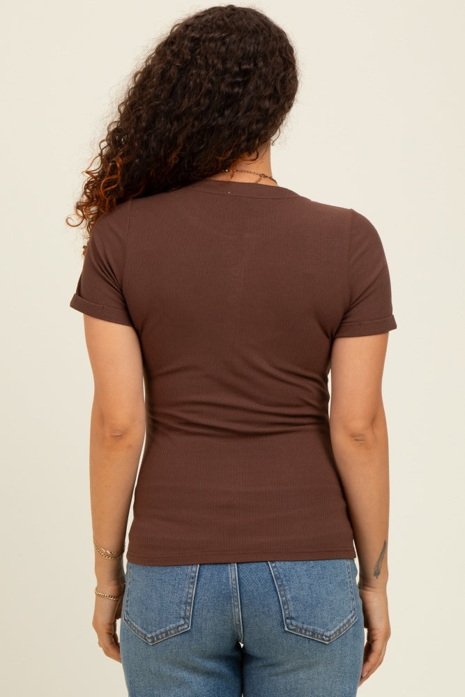 Brown Snap Button Maternity Short Sleeve Top