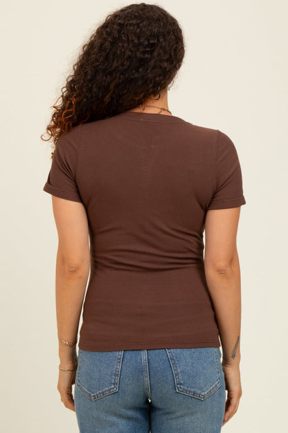 Brown Snap Button Maternity Short Sleeve Top