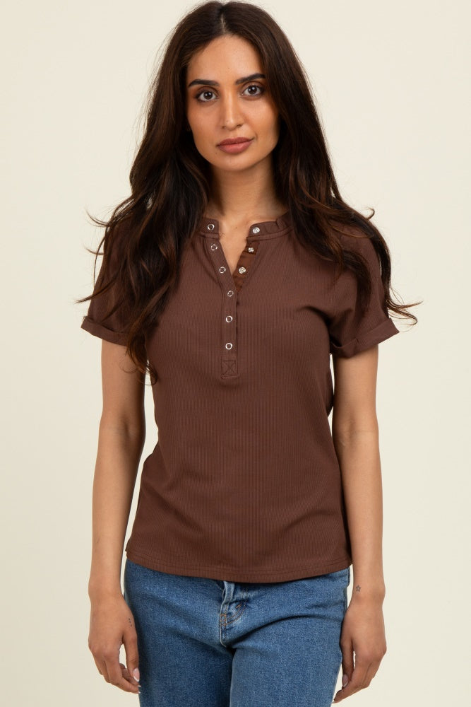 Brown Snap Button Maternity Short Sleeve Top