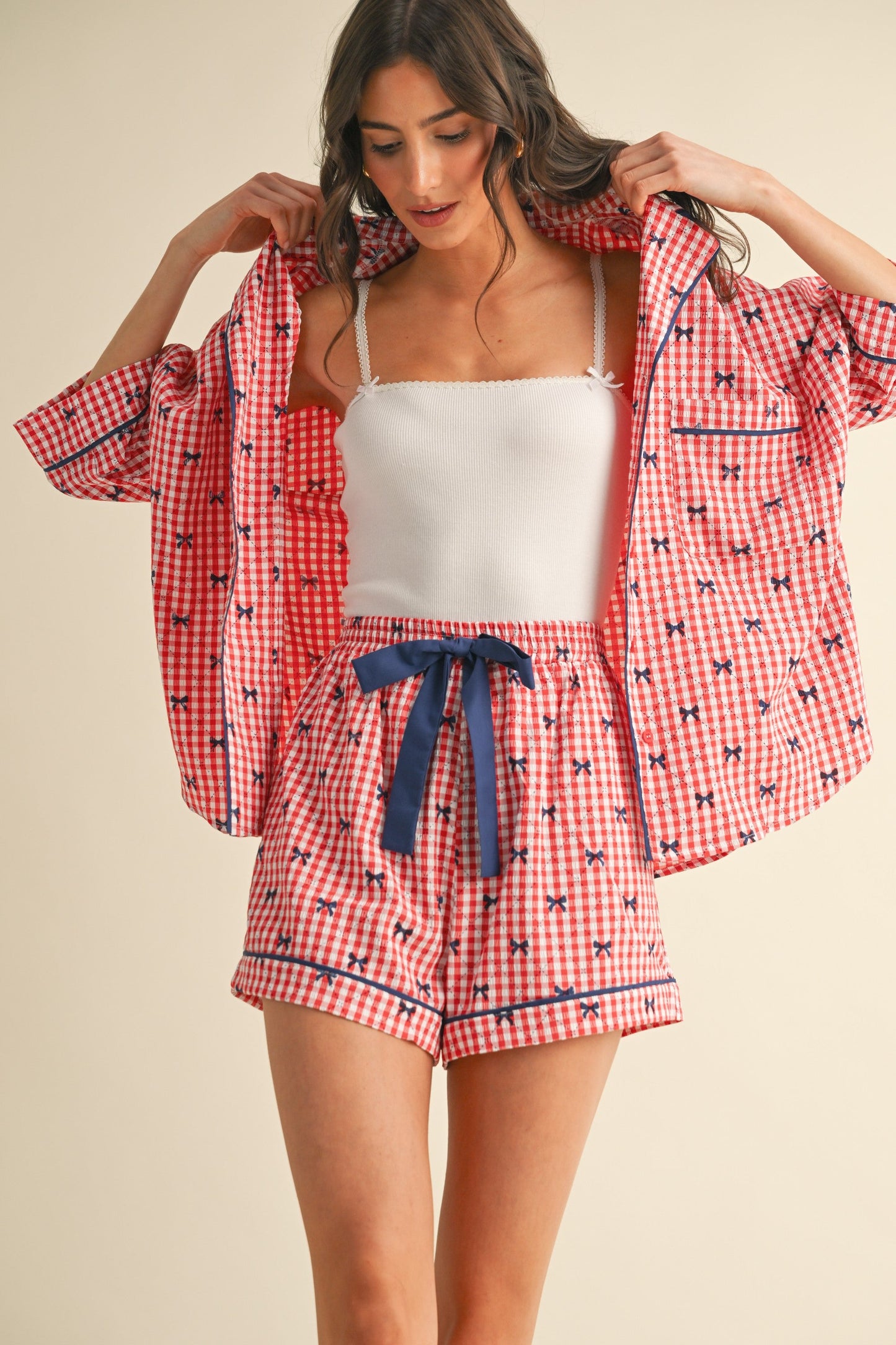 Red Bow Print Gingham Pajama Short Set