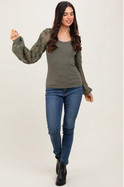 Olive Floral Lace Balloon Sleeve Top