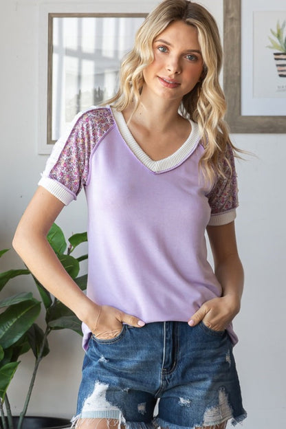 Lilac Floral Contrast Short Sleeve Top