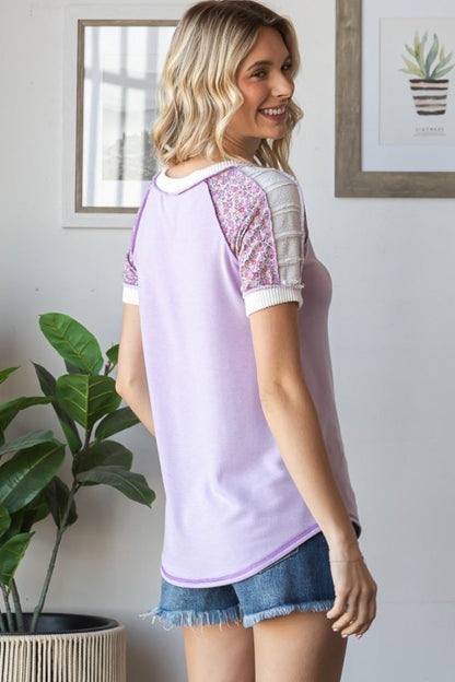 Lilac Floral Contrast Short Sleeve Top