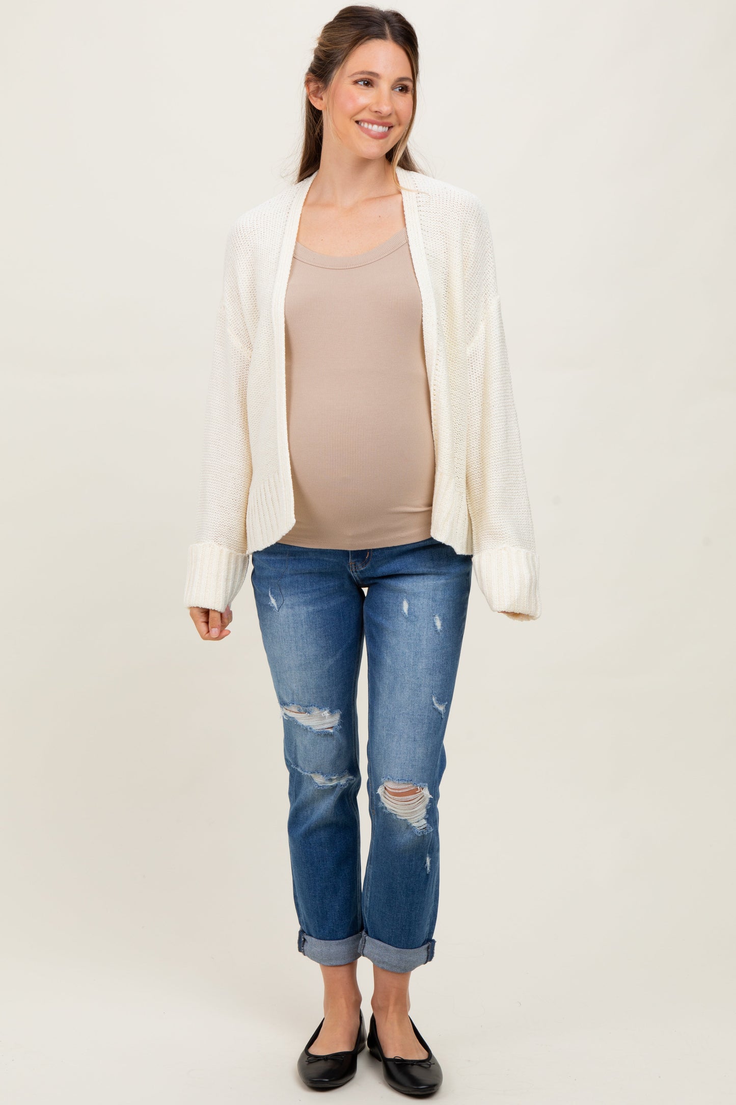 Cream Contrast Knit Open Maternity Cardigan