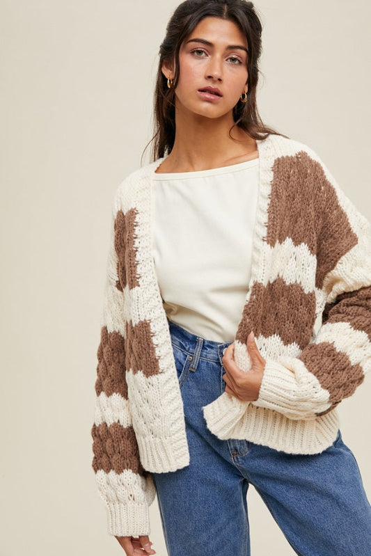 Brown Colorblock Chunky Knit Open Cardigan