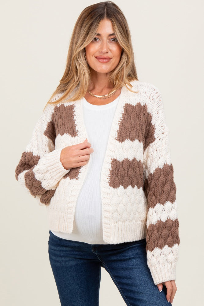 Brown Colorblock Chunky Knit Open Maternity Cardigan