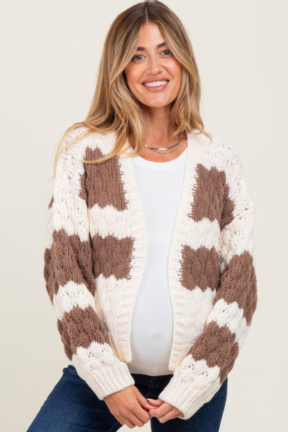 Brown Colorblock Chunky Knit Open Maternity Cardigan
