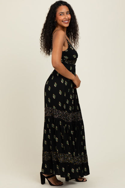 Black Printed Twist Front Cutout Maxi Dress