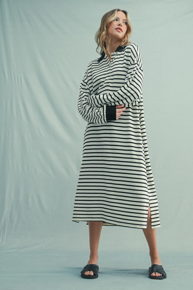Black Stripe Snap Button Long Sleeve Midi Dress