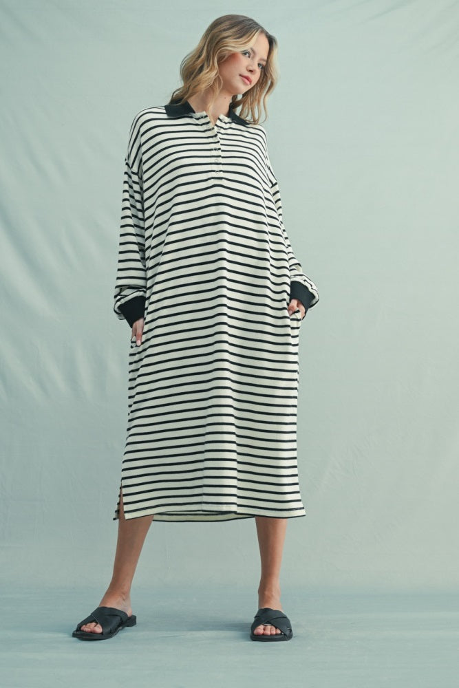 Black Stripe Snap Button Long Sleeve Midi Dress