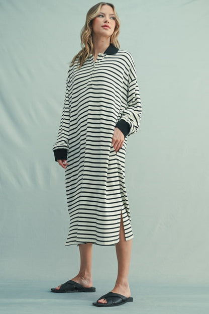 Black Stripe Snap Button Long Sleeve Midi Dress