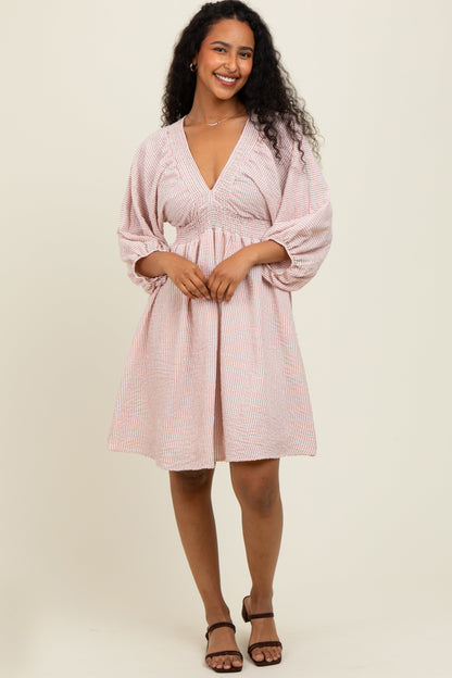 Mauve Striped Balloon Sleeve V-Neck Dress