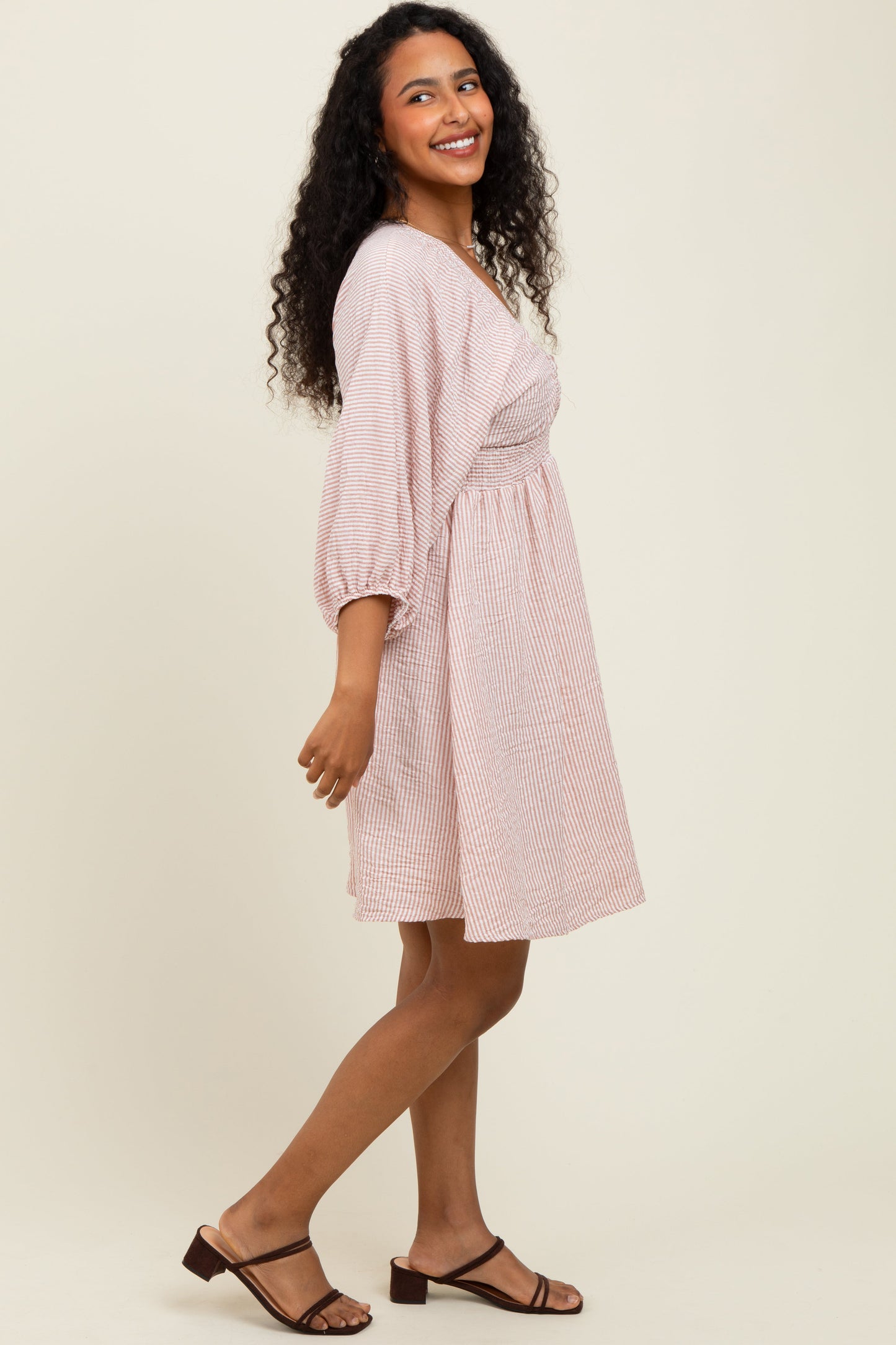 Mauve Striped Balloon Sleeve V-Neck Dress