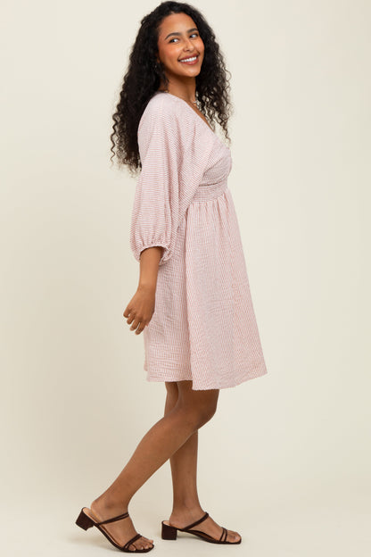 Mauve Striped Balloon Sleeve V-Neck Dress